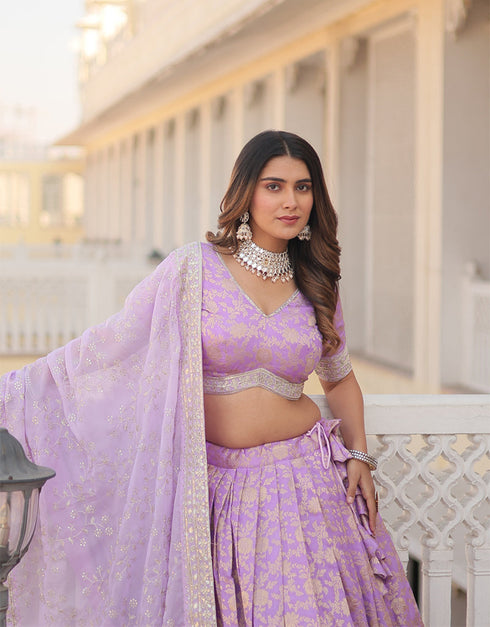 Designer Wedding Party Wear Heavy Lehenga Choli Collection Purple Pure Dyeable Viscose Jacquard Lehenga Choli Front View